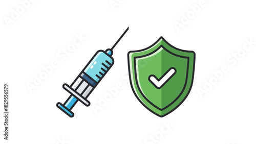 Healthcare icon representing successful immunization and disease prevention through vaccination, showing a syringe and a protective shield