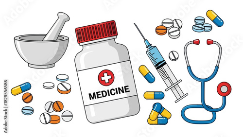 Medicine Kit Illustration with Pills, Syringe, and Stethoscope for Health and Treatment