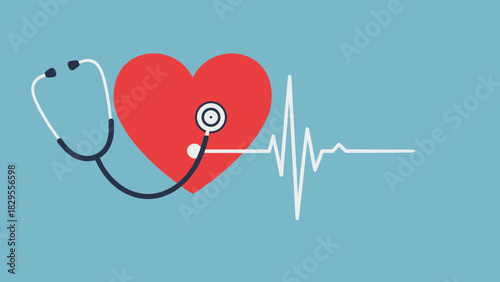 A medical concept illustration of a red heart with a stethoscope and a cardiogram pulse line, representing cardiology, healthcare, and wellness