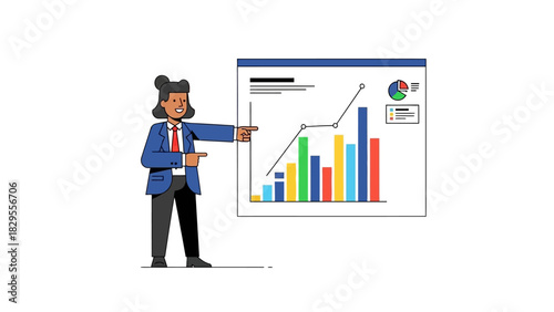 A business professional presents a detailed financial report with colorful data visualization charts showing positive growth and market analysis