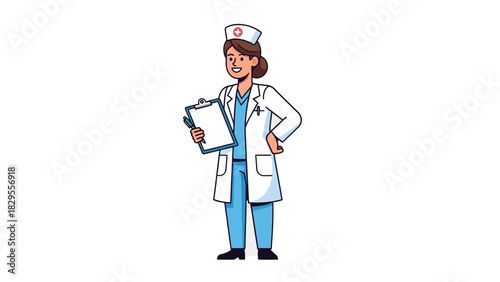 Smiling female nurse character in medical uniform holding a clipboard, representing dedicated professional healthcare and assistance. Vector illustration for medical themes