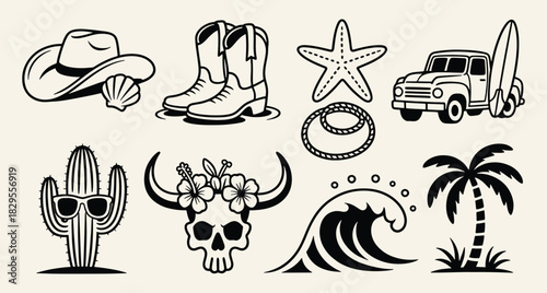 Western Cowboy Desert Icons Cowboy Boots Starfish Cactus Keywords: cowboy hat, cowboy boots