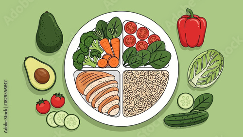 Balanced healthy eating plate with fresh vegetables, lean protein, and whole grains for optimal nutrition