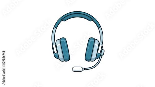 Blue communication headset with microphone, a vector icon for customer support, online gaming, and telecommunication