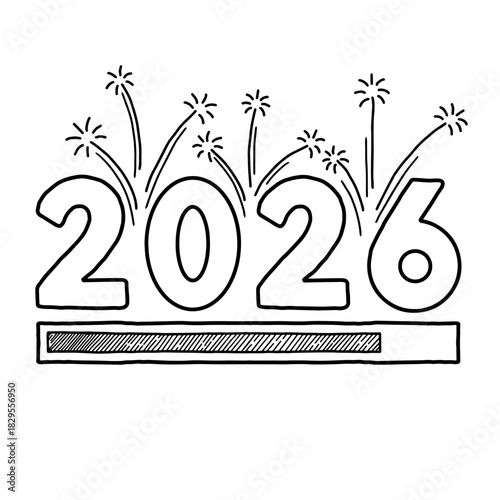 New year 2026 progress bar doodle with big numbers and firework line art hand drawn
