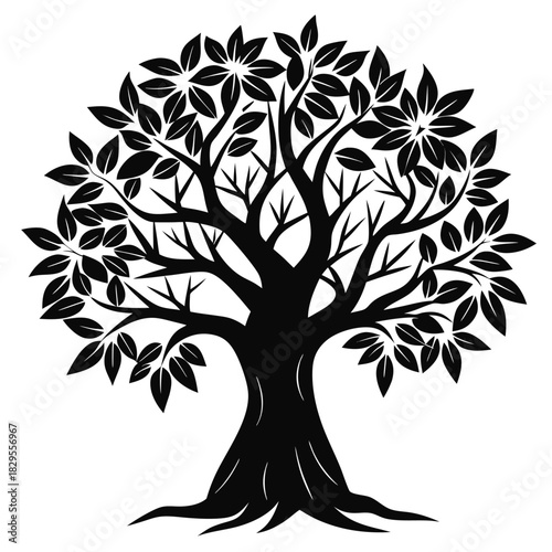 A stylized black tree silhouette shows branches reaching toward the sky with dense foliage