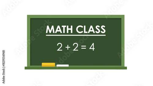 Vibrant green classroom chalkboard displaying a fundamental math class concept '2 + 2 = 4', accompanied by essential learning tools like chalk and an eraser, symbolizing education