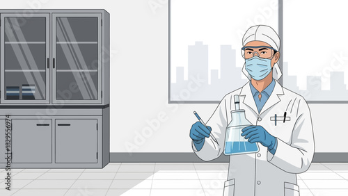Professional chemist wearing protective gear while analyzing a blue solution during research and development in a modern lab