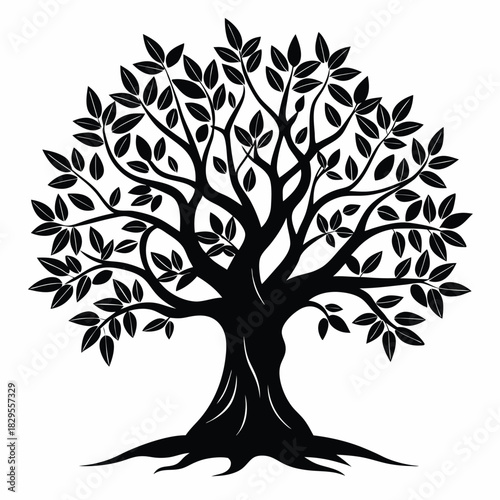 Silhouette tree with branches and leaves creates a simple yet elegant nature inspired emblem