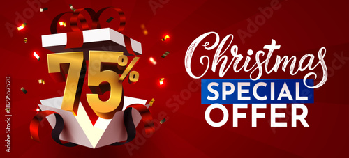 Christmas Special Offer banner with 75 discount from a gift box. Festive holiday promotion design. Vector illustration