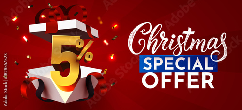 Christmas Special Offer banner with 5 discount from a gift box. Festive holiday promotion design. Vector illustration