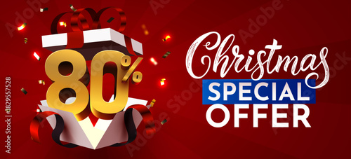 Christmas Special Offer banner with 80 discount from a gift box. Festive holiday promotion design. Vector illustration