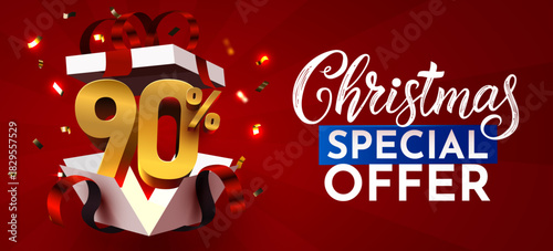 Christmas Special Offer banner with 90 discount from a gift box. Festive holiday promotion design. Vector illustration