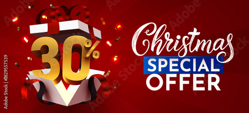 Christmas Special Offer banner with 30 discount from a gift box. Festive holiday promotion design. Vector illustration