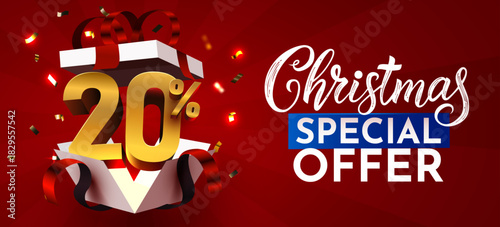 Christmas Special Offer banner with 20 discount from a gift box. Festive holiday promotion design. Vector illustration