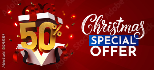 Christmas Special Offer banner with 50 discount from a gift box. Festive holiday promotion design. Vector illustration