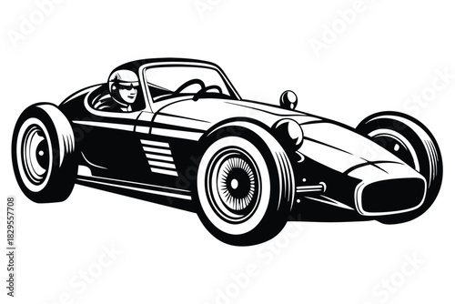 Monochrome drawing shows a racecar with a driver in a helmet and sunglasses ready