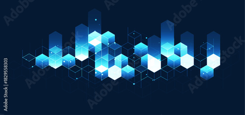 Technology background. Big data visualization concept. Information artificial neural network. Abstract geometric background with isometric. Digital cube isometric on blue background.