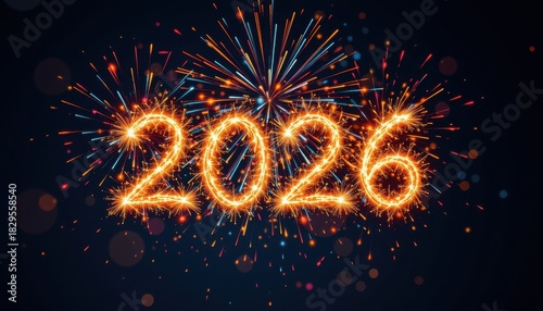 Sparkling 2026 numbers formed by bright orange fireworks against a dark night sky