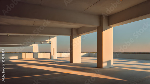 An upper-level parking deck with open sky framing clean horizontal lines and soft morning light