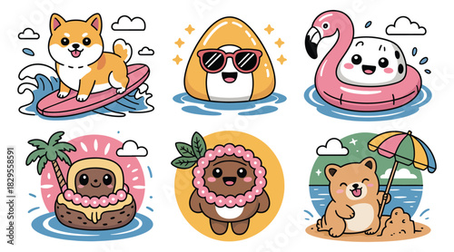 Cute Summer Animals Shiba Inu Flamingo Bear Onigiri Keywords: shiba inu, dog, surfing, onigiri