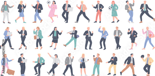 Collection of business people walking working using laptops phones diverse poses modern flat illustration set professional characters standing dynamic actions
