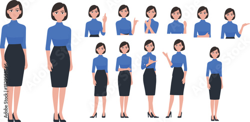 Businesswoman character set various poses professional woman gestures office worker standing pointing explaining cartoon illustration corporate female figure