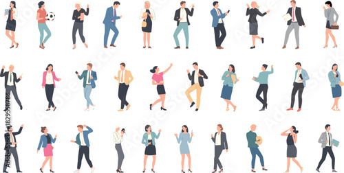 Collection of business people walking working using laptops phones diverse poses modern flat illustration set professional characters standing dynamic actions