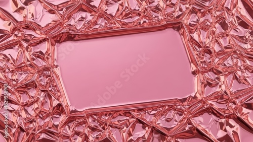 Metallic rose foil backdrop with crinkled texture and shiny pink-copper tones. Ideal for advertising, luxury design, creative projects, and includes copy space for text.