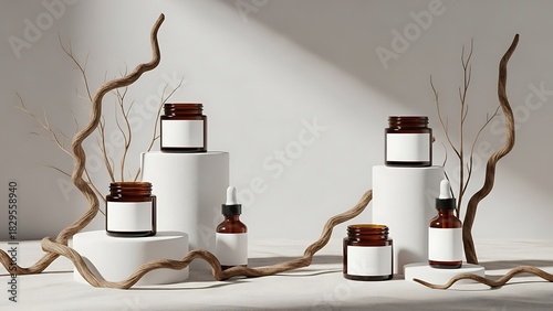 Elegant amber glass container mockup with white labels on a minimal display setting.