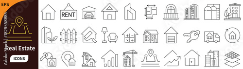 Real estate line icon set. Vector collection of house, building, rent, mortgage, home loan, apartment, and architecture symbols.