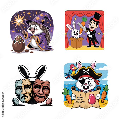 Easter themed characters and masks with magic and pirate themes Keywords: easter, bunny, rabbit