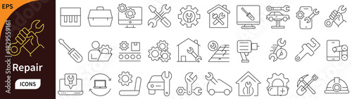 Repair and maintenance line icon set. Vector collection of tools, service, construction, mechanic, and home renovation symbols.