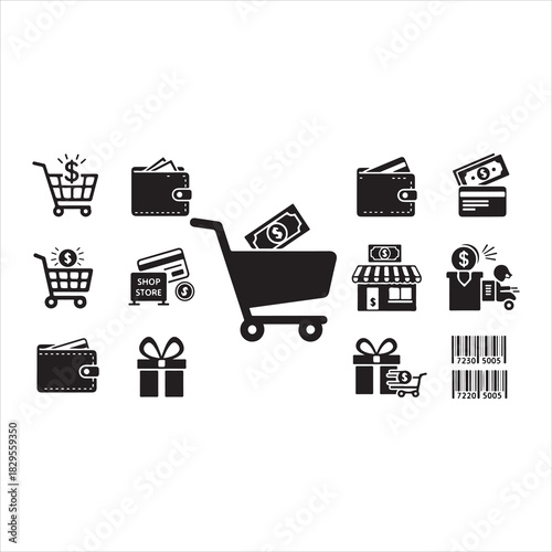 Shopping Icons Silhouette | Cart, Trolley, Wallet, Card, Store, Money, Gift, Delivery & Barcode Vector Set