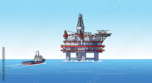 Offshore oil rig and tugboat in the ocean
