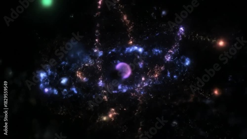 Abstract Atom Model with Glowing Orbits and Particles.