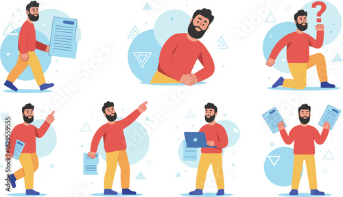 Flat vector illustration set of bearded man in various poses holding documents, working, thinking, walking, showing gestures for business concepts