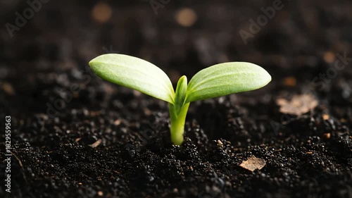 A tiny green seedling sprouts from dark soil, symbolizing new life and growth.