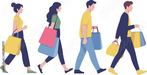 Group of people walking with shopping bags modern flat illustration shoppers carrying bags retail customers consumer lifestyle concept diversity