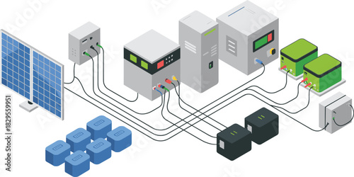 Isometric solar power system diagram with panels, charge controllers, inverters, batteries, energy storage units and connected renewable electricity components