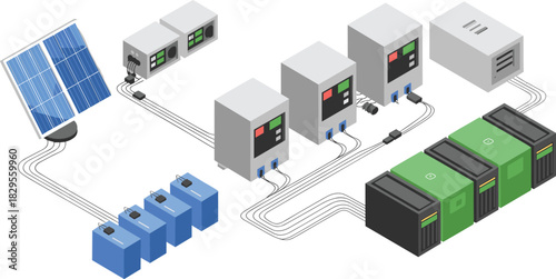Isometric solar power system diagram with panels, inverters, charge controllers, batteries, energy storage units and renewable electricity distribution components