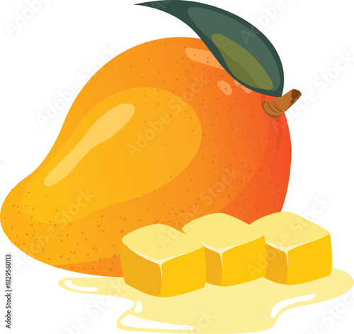 illustration of mango  fruit with leaf,  illustration of an mango with leaf,  Tropical Mangoes: Vivid and appetizing depiction of fresh mango fruit with leaves, illustrating the juicy textures and vib