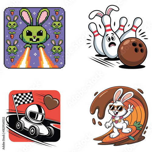 Pixelated bunny spaceship and bowling pins with surprised faces retro 8bit
