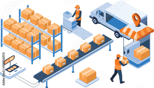 Isometric warehouse logistics scene with conveyor belts, package sorting, workers, delivery truck, storage shelves and modern parcel distribution process