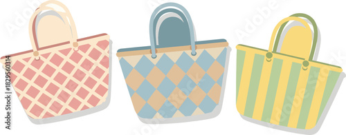 Three Colorful Woven Pattern Tote Bags on White Background for Summer Shopping