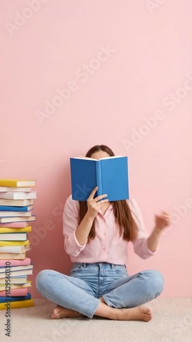 Vertical video of a young woman sitting on the floor hiding her face behind a blue book. Female student peeking over a book with a stack of textbooks nearby against a pink background. 