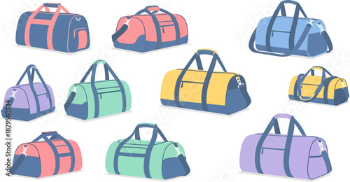 Colorful Duffle Bags in Various Colors on White Background