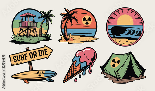 Retro surf and beach themed icons with radioactive symbols Keywords: surf, beach, ocean, waves