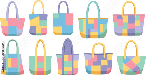Colorful Patchwork Tote Bags Set Bright Summer Shopping Accessories
