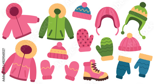 Cozy winter apparel with hats, gloves, and jackets in vibrant colors vector illustration